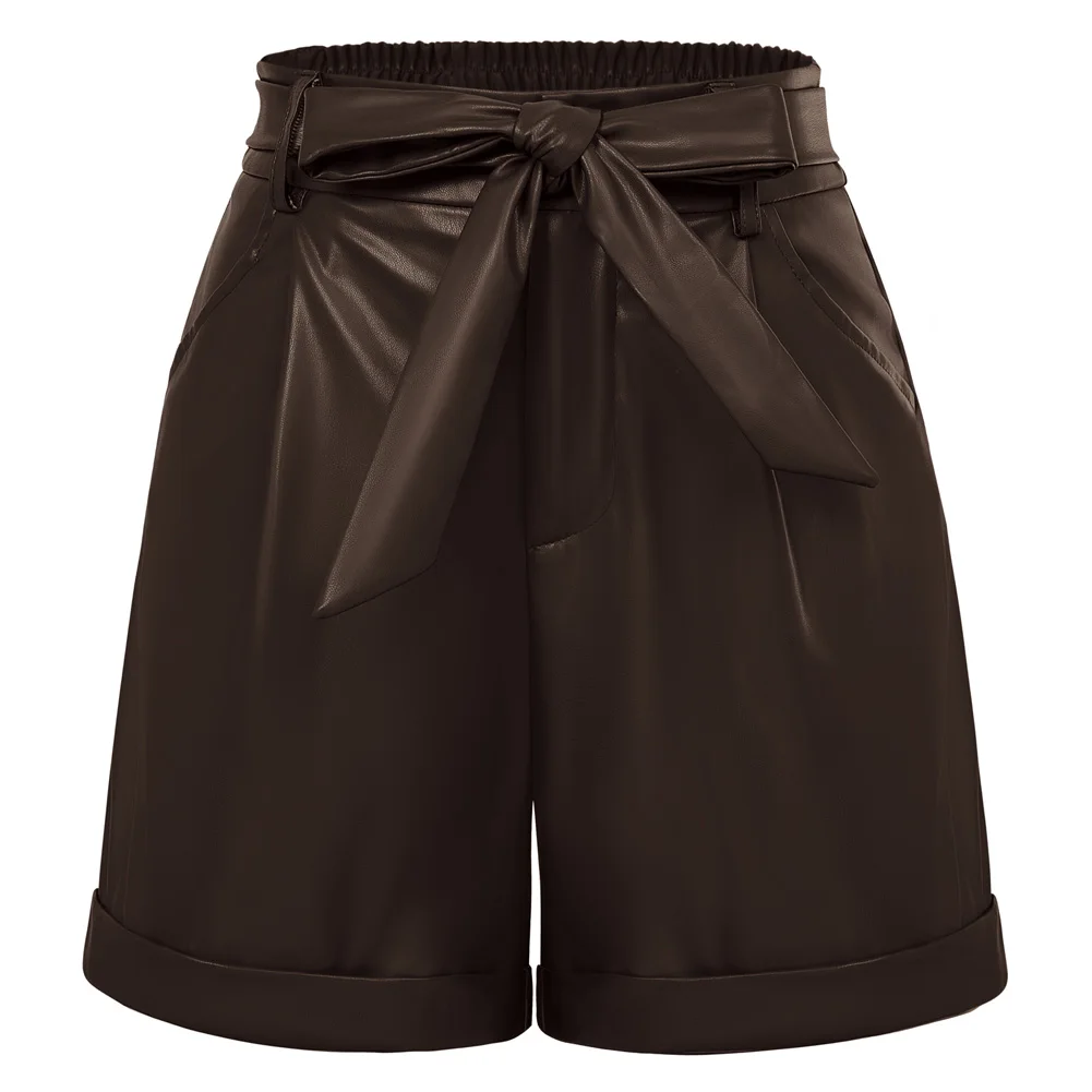 Belle Poque  Women Polyurethane Leather Shorts Elastic Waist Fold-up Leg Opening Shorts With Pockets
