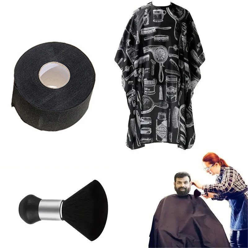 2/3pcs set  Barber wrap set Waterproof Hair Cutting Cape with Neck Duster Professional Barber Salon Hairdressing Gown Brush Set 4