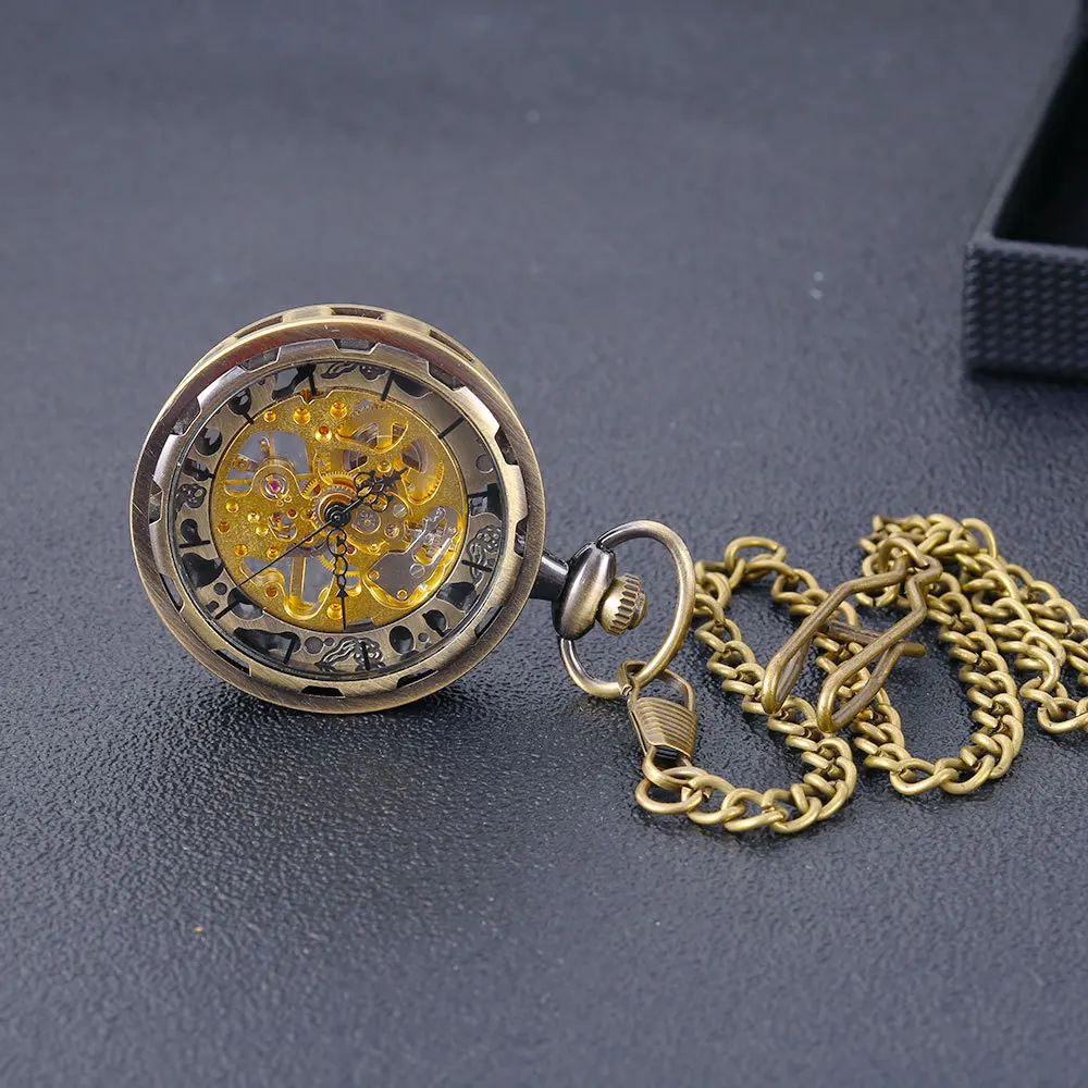 Luxury Golden Mechanical Pocket Watch for Men Women Transparent Dial Gold Case Fob Chain Pendant Clock for Collection Gift