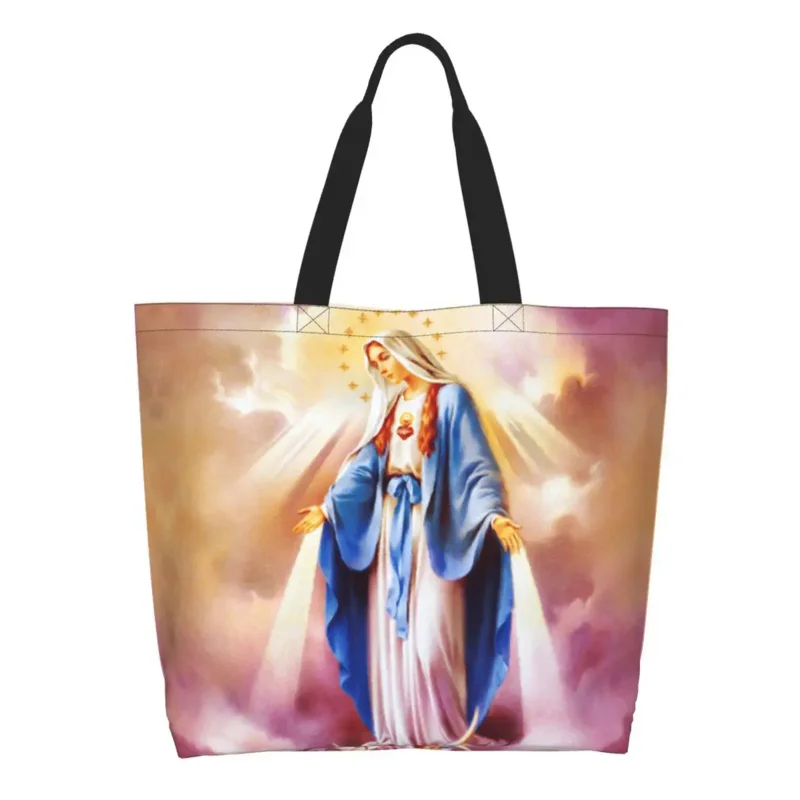 

Recycling Catholic Virgin Mary Shopping Bag Women Shoulder Canvas Tote Bag Durable Our Lady of Guadalupe Groceries Shopper Bags