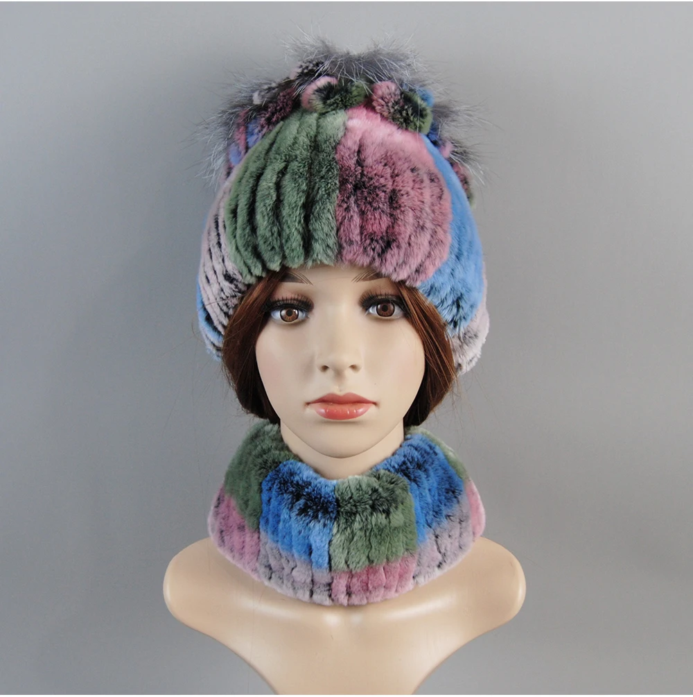 Real Rex Rabbit Fur Hat And Scarf Set Women Winter Knitted Beanie Hat Natural Fur Skullies Beanies Woman Hat Female Cap Elastic