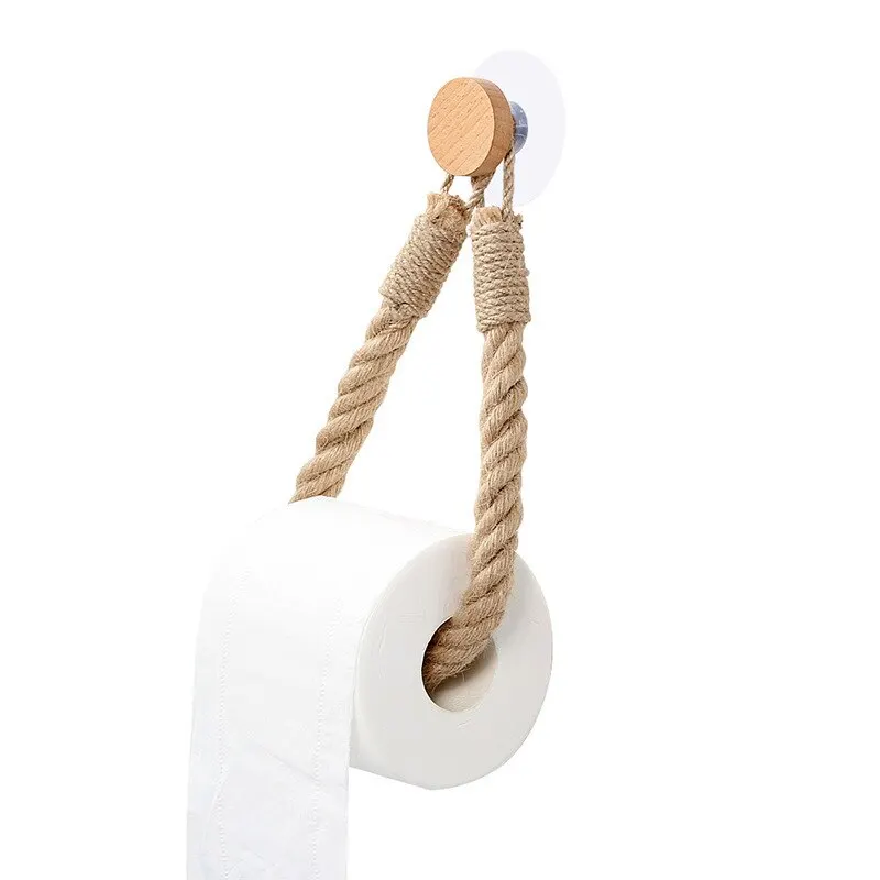 Paper Towel Holder Toilet Paper Holder Tissue Holder 1pc Hemp Rope Tissue Holder Hole Free Wall Hanging Cotton String Hemp Rope Tissue Holder Solid Wood Roll Paper