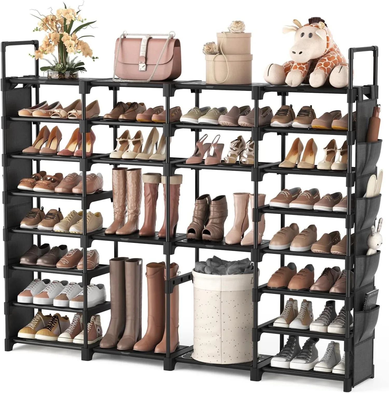 

Large Shoe Rack Organizer Tall Metal Rack Holds 62-66 Pairs 8 Levels Space-saving Shoe Rack Storage with Side Hanging Pockets