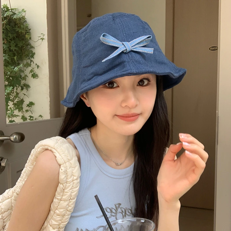 Ins 여성용 달콤한 활 디자인 대야 모자, 다용도 한국 버전, 레트로 데님 블루 자외선 차단 버킷 모자, 2024 여름 신상