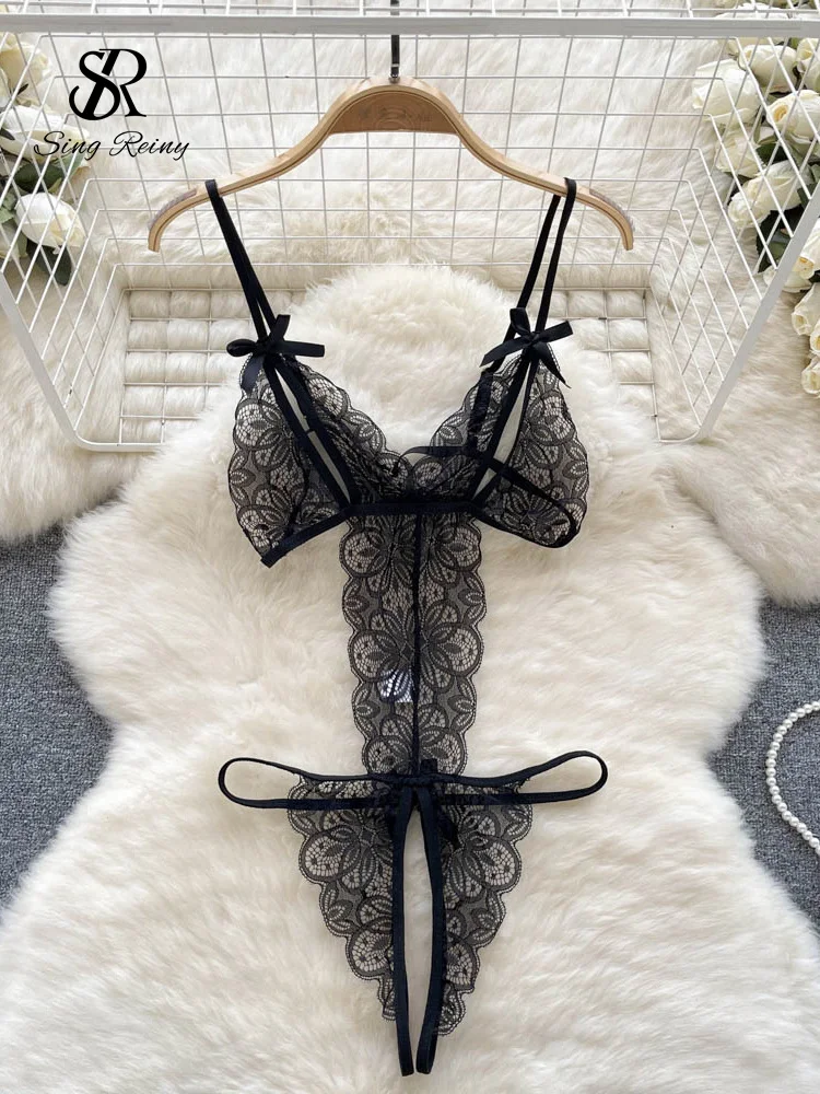 SINGREINY Lingerie sexy da donna in pizzo Body Bow Dolce trasparente Pagliaccetti sottili con apertura sul cavallo Biancheria intima erotica trasparente_voghion.com