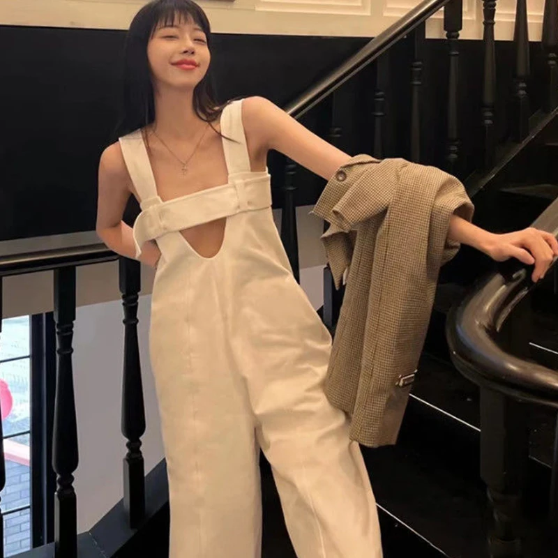 

Fashion Retro White Jumpsuit Square Neck Hollow Overalls 2022 Summer Korean Version Ladies Overalls Trousers Wide Leg Pants