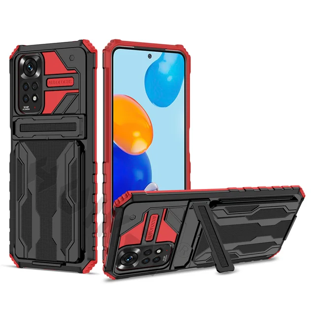 ShockProof Armor Case For Xiaomi Redmi Note 11S  11 10 10S 9 Pro Max 11T Poco M4 M3 X3 Pro Anti Shock KickStand Card Slot Case Red