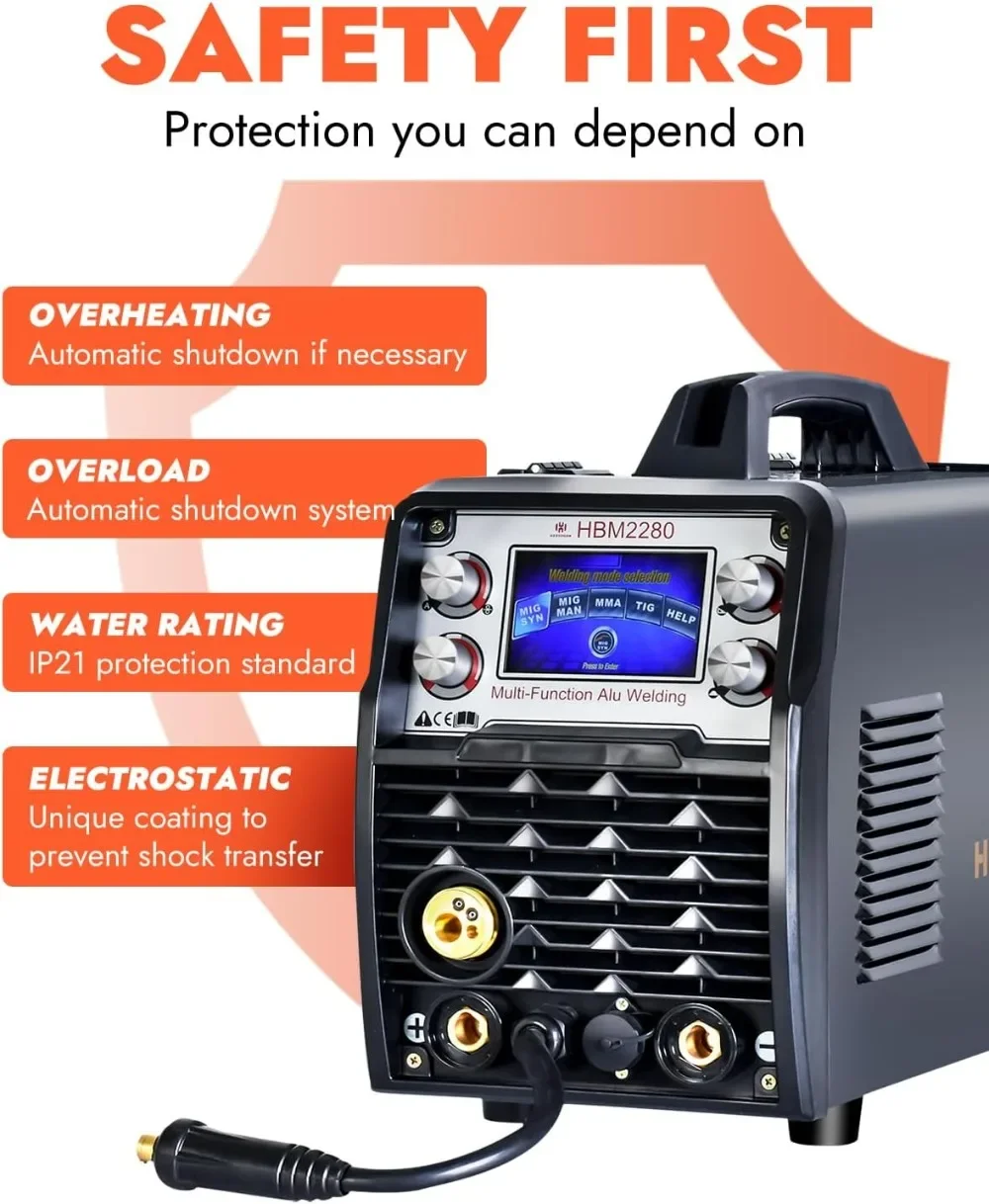 250A Aluminum MIG Welder 6 in 1 Large LCD Display Multiprocess Welding Machine 110V/220V MIG/Gasless Flux Core Welder