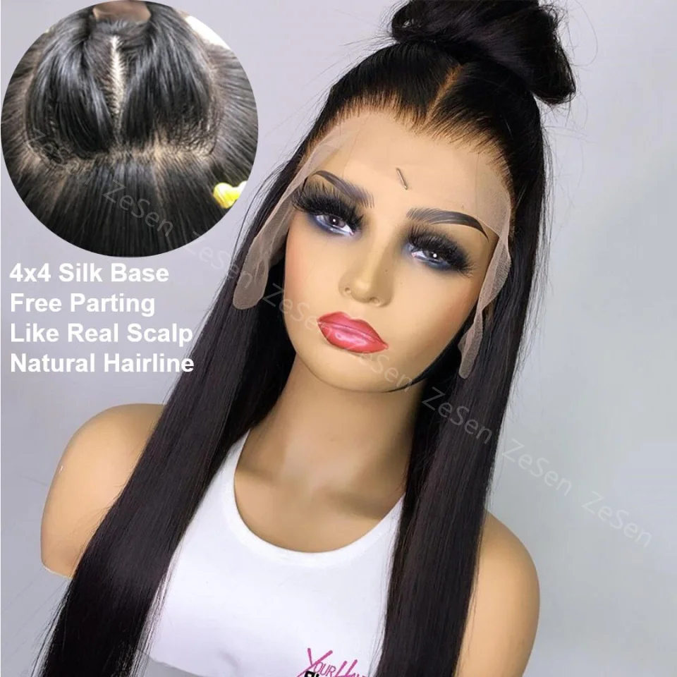 Synthetic Long Straight 4x4 PU Fake Scalp Top Silk Base Lace Front Wigs for Women Heat Resistant Hair Cosplay Or Daily Wear