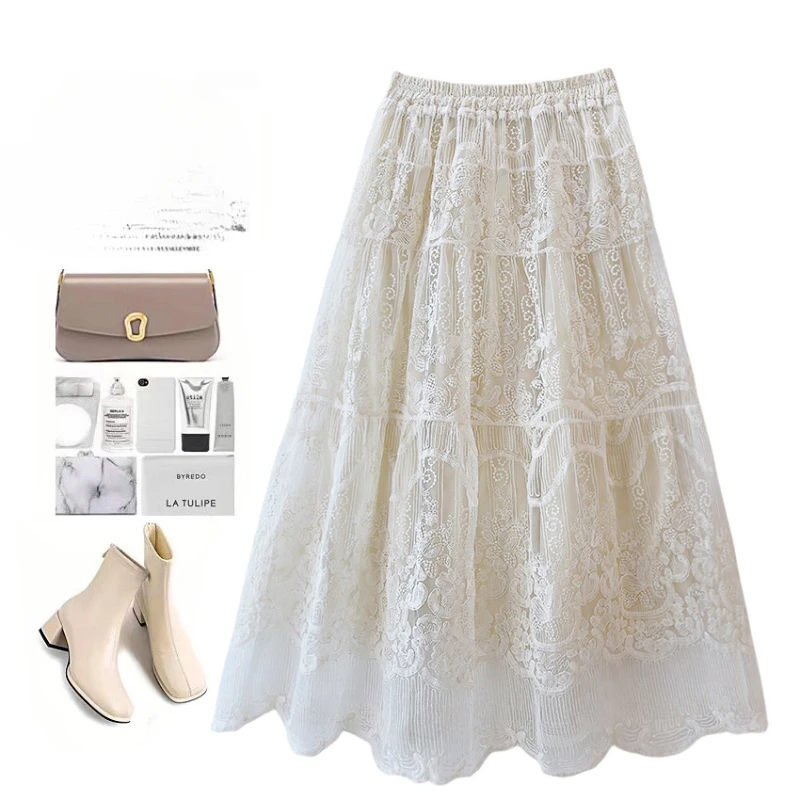 

Элегантная женская кружевная сетчатая юбка миди из тюля с вышивкой, женская летняя повседневная универсальная длинная юбка с высокой талией, Женская юбка Q938
