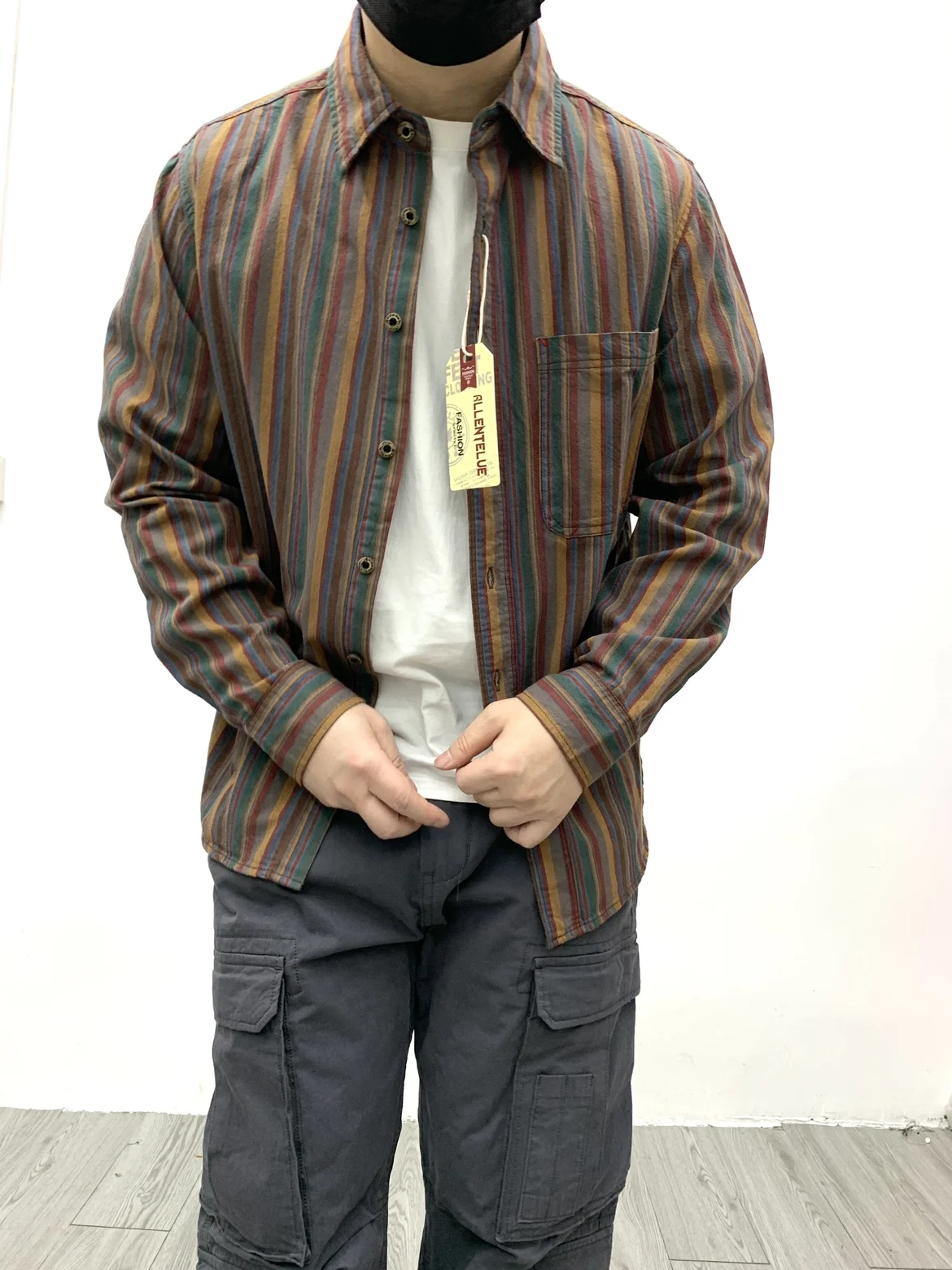 레트로 에스닉 스타일 남성 셔츠 순면 루즈핏 긴팔 스트라이프 홍콩 스타일 빈티지 의류 가을 패션 청년 팝