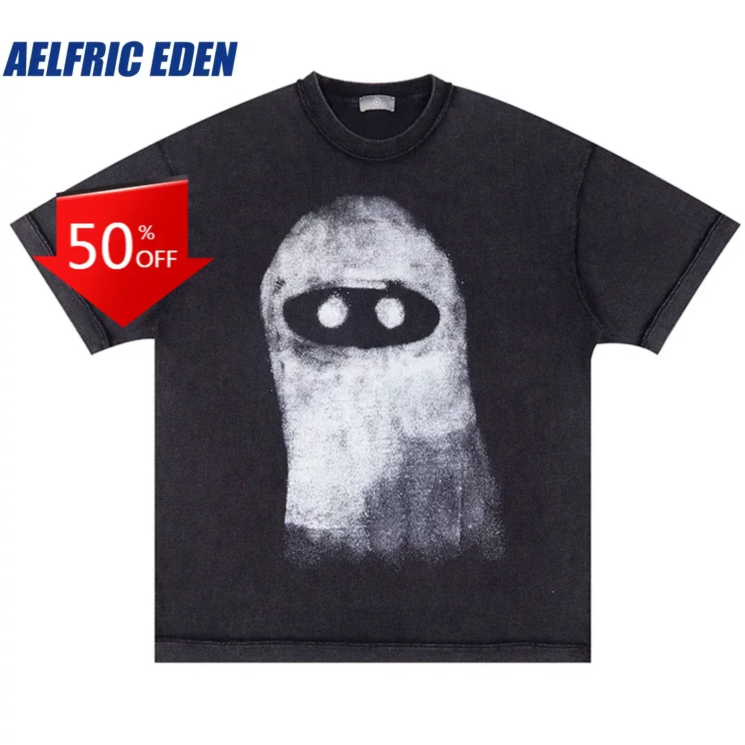 

Aelfric Eden Ghost Graphic Print Washed Tshirt Vintage Punk T Shirt Streetwear Hip Hop 2023 Men Harajuku Cotton Loose Tee Tops