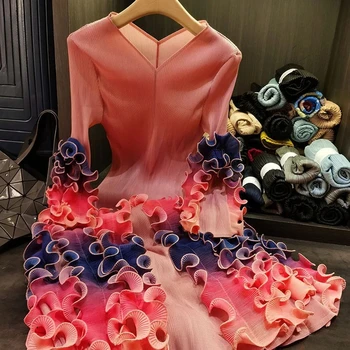 ANLAN Fashion V-neck Folded Dress For Women 2025 New High Quality Design Colorful Stringy Selvedge Printing Pleated Dresses 1