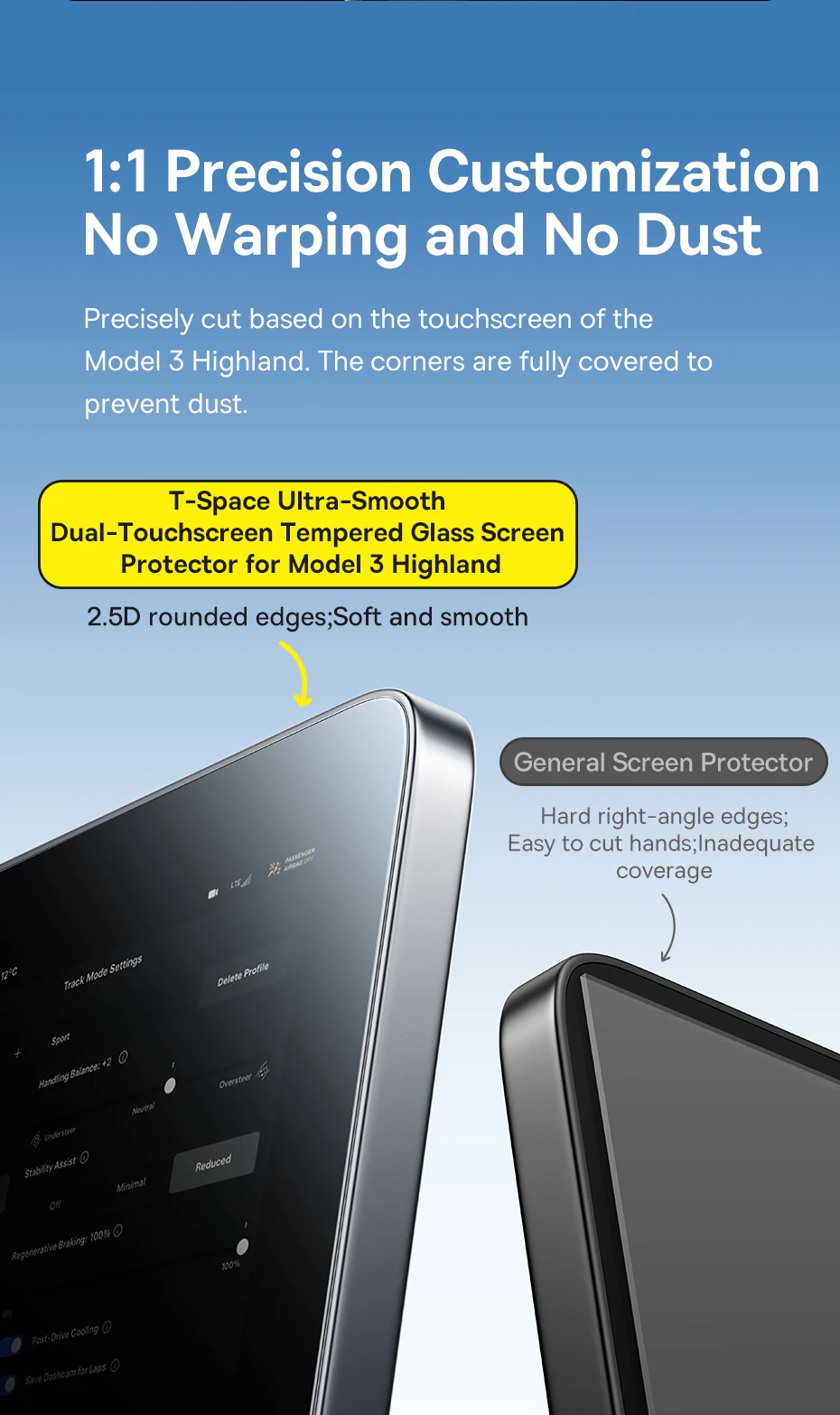 T-Space Tempered Glass Screen Protector for Tesla Model 3 Ultra-Smooth Dual-Touc