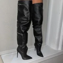  Zipper Big Pocket Design 12cm High Heeled Over Knee Boots Model Walk Show Pointed Toe Slender Heel Motorcycle Boots Size 34-45 