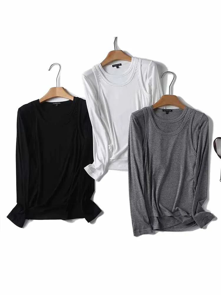

Women New Fashion Rib lining Double layered design Slim O Neck Knitted T-shirt Vintage Long Sleeve Female Pullovers Chic Tops