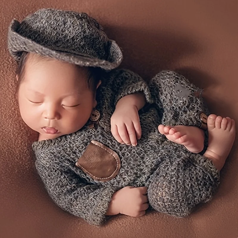 

3Pcs/set Newborn Photography Props Knitted Cotton Jumpsuit+Hat Infant Boys Photo Shooting Clothes Outfits Suit