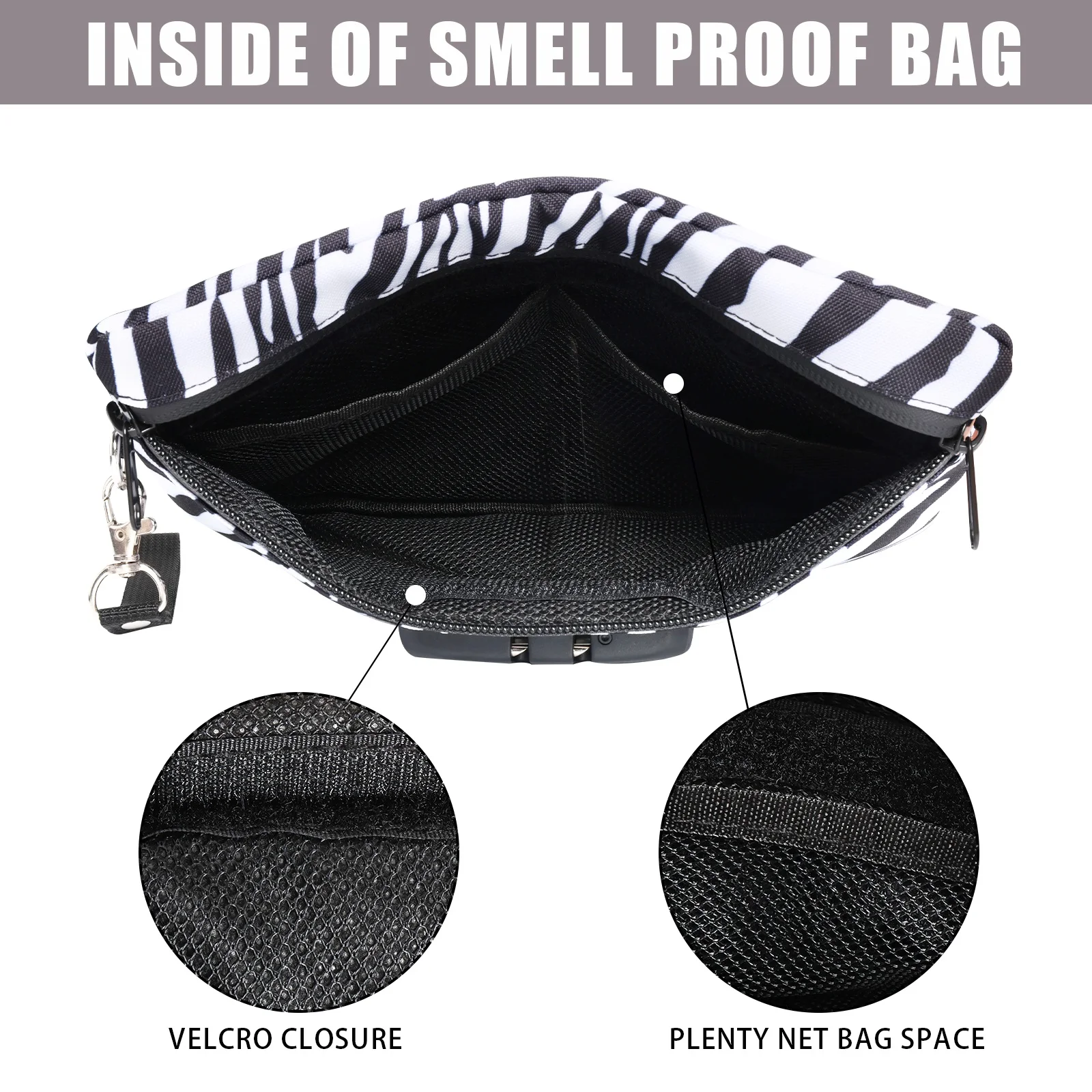 Pocket Size Zebra Striped Pouch Bag with Zipper and Lock Smokers Stash Pouch