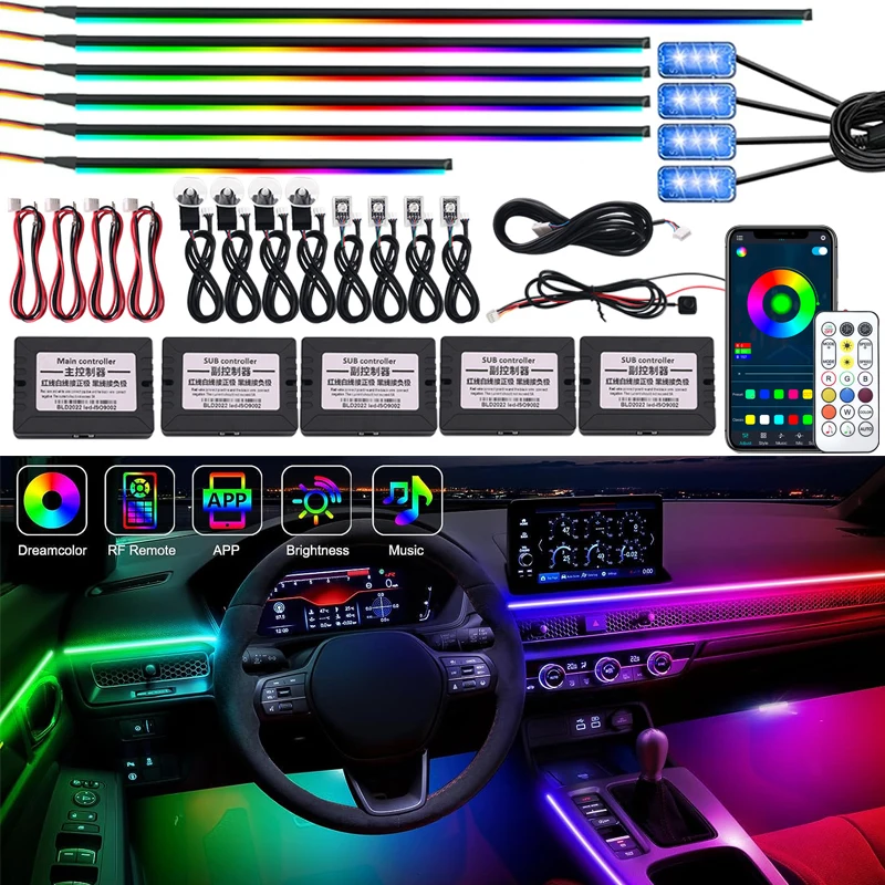 

22 IN 1 Universal Car Symphony RGB Ambient Lights Interior LED Acrylic Strips Atmosphere Decoration Lamp Bluetooth APP Control