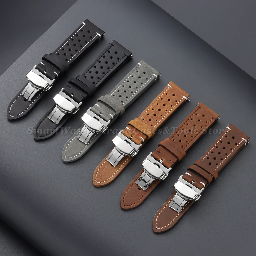 Vintage Cowhide Leather Quick Release Watch Strap with Butterfly Buckle - Brown/Black