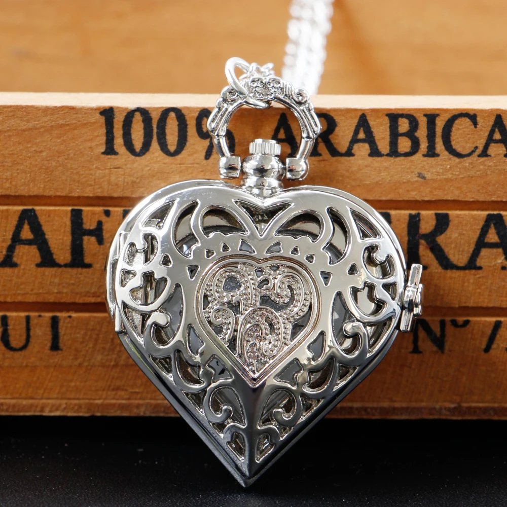 Silver Hollow Heart shaped Pocket Watch Necklace Exquisite Quartz