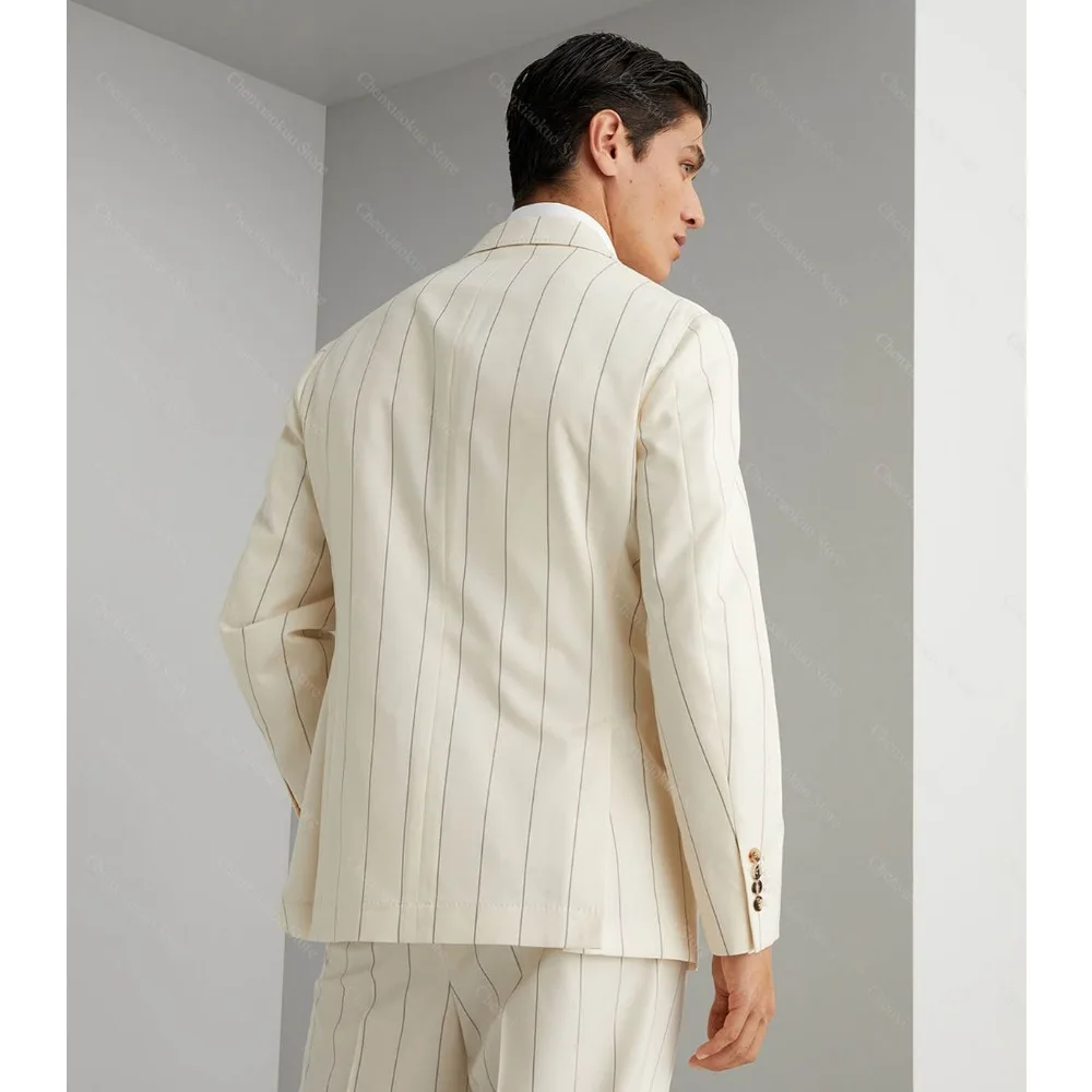 Fashion Wide Striped Men Suits Two Piece Notched Lapel Single Breasted Outfits Formal Business Casual Suit (Blazer + Pants)