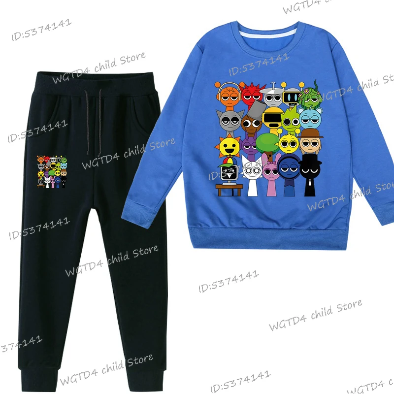 Spring Boys Girls Anime Sprunki Suit Funny Game Figure Print Sweatshirt Long Sleeve Pullovers+Fashion Sprunki Trousers 2pc Sets 3