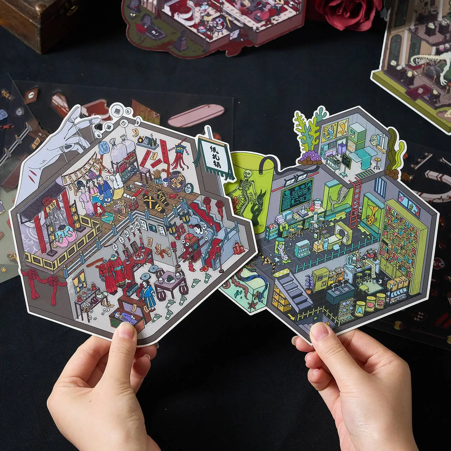 JCAC 6-디자인 미니어처 장면 스티커(핀셋 포함), 약간의 공포스러운 스타일, DIY 창의적인 콜라주, 스트레스 해소 및 여가 활동용