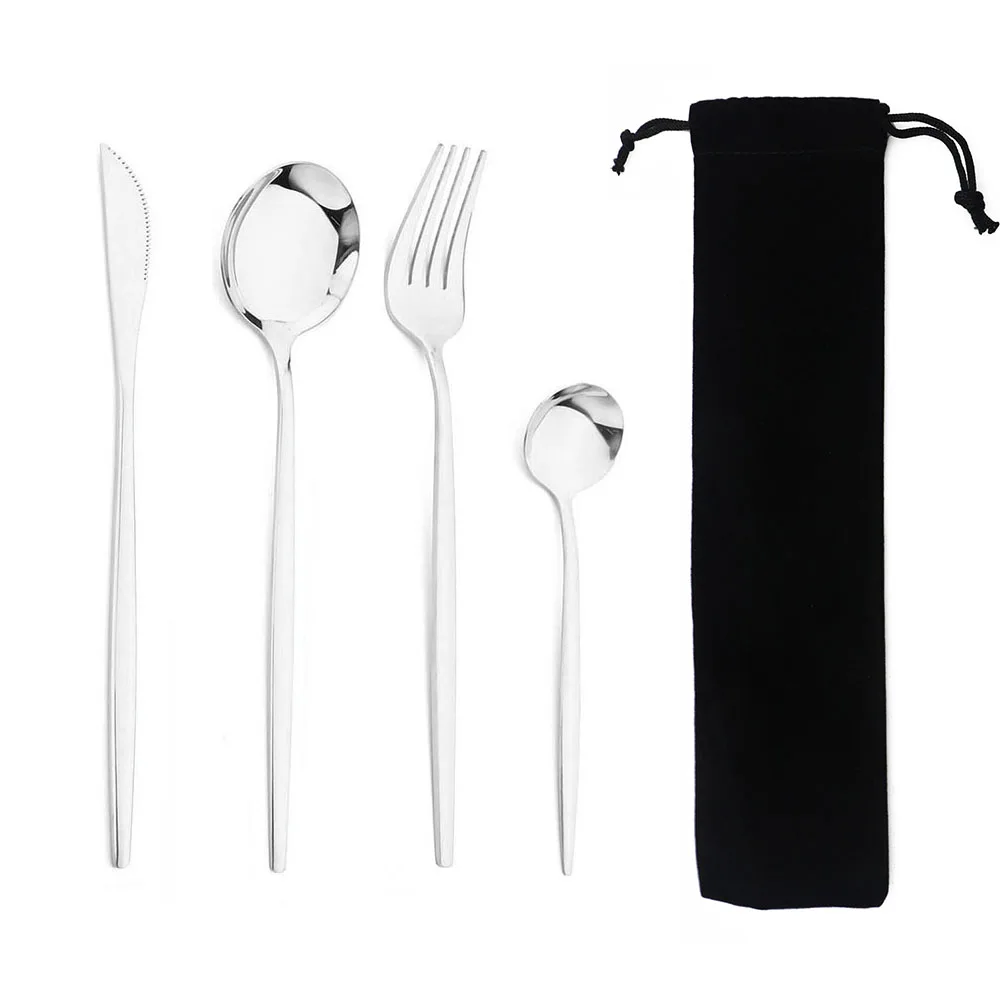 Stainless Steel Cutlery Set Cutlery Set Western Style Cutlery Set Picnic Cutlery Set Portable 4Pcs Dinnerware Set Stainless Steel Tableware Cutlery Western Knife Fork TeaSpoon Kitchen Dinner Flatware Set with Bag