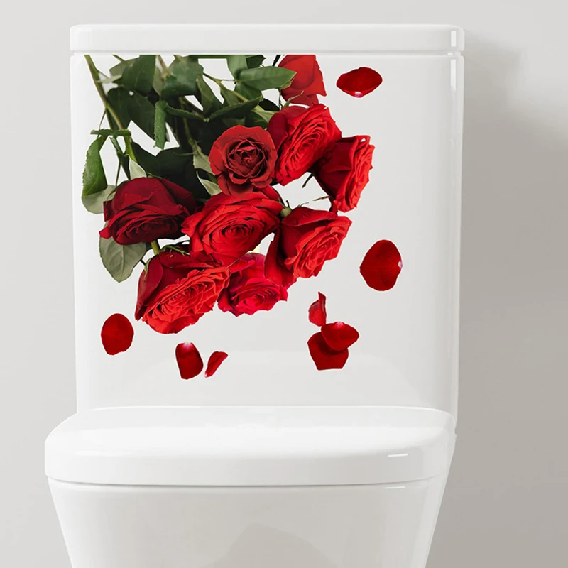 Roses Toilet Seat Stickers Red Flowers Toilet Lid Decals DIY Removable Watercolor Bouquet Toilets Stickers For Cistern Bathroom