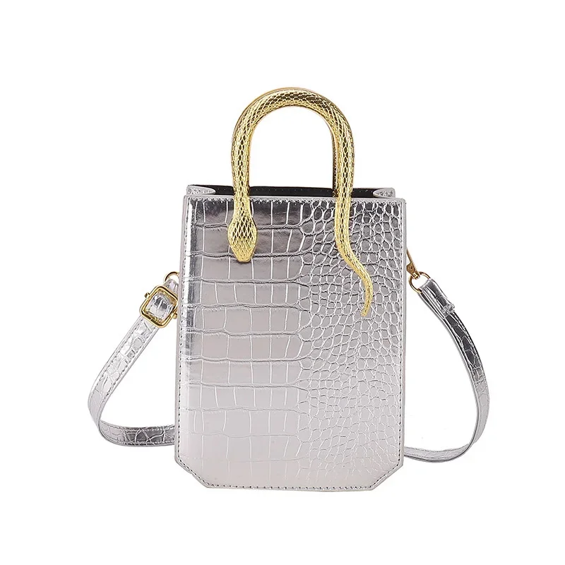 Solid Fashion Handbag Crocodile Pattern Leather Metal Handle Shoulder Bags Evening Bag Banquet Small Square Tote_voghion.com