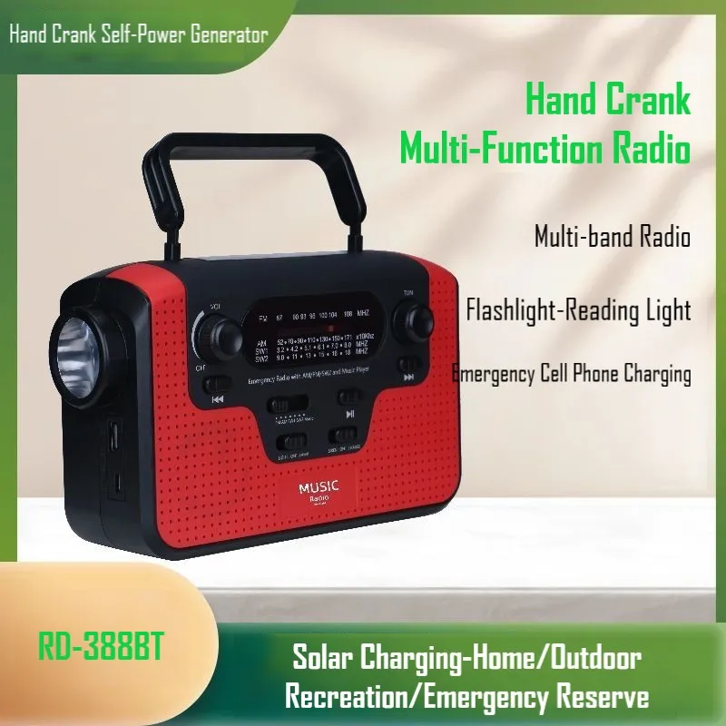 RD-388BT Hand Generator Radio Flashlight Multi-functional Solar Am/Fm Emergency Mobile Phone Charging
