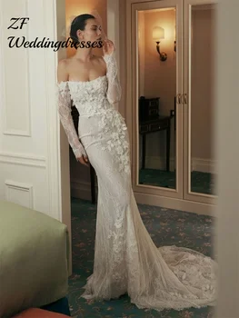 Abito da sposa floreale con perline personalizzato con maniche lunghe con spalle scoperte Abito da sposa lungo a sirena senza spalline in pizzo Abiti da sposa