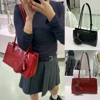 Retro Red Heart Shaped Pendant Small Square Bag French Bread Bag Oil Wax Glossy Texture Tote Bag New 2025 Soft Polyester Fiber