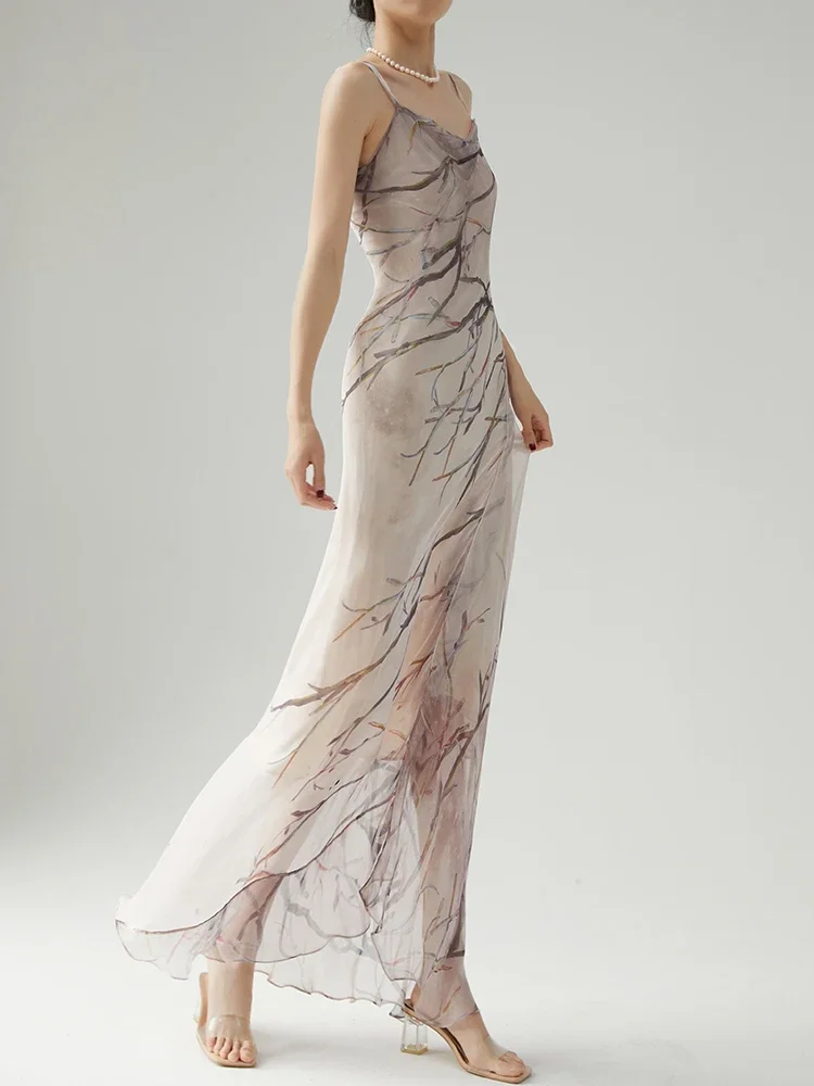 Spring Summer pure silk long dress Women  art painting silk   long elegant dress