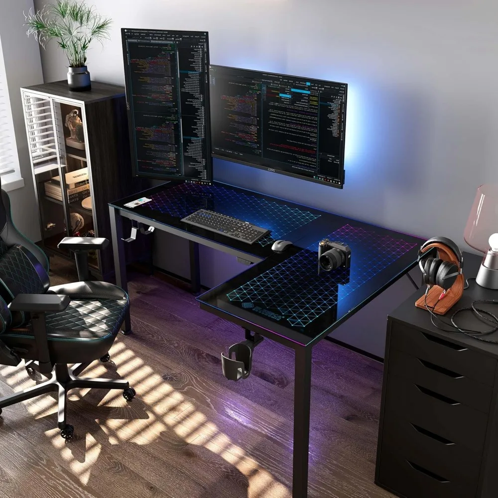 RGB LED Lights 60 Inch L Shaped Reversible Black Glass Gaming Desk Home Office Computer Table GTG L60 5
