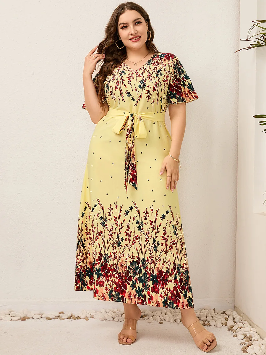 

A Lin Plus Size Women Clothing Long Bohemian Beach Short Sleeve Printed V Neck Summer Autumn Casual Holiday Fashion New Dress