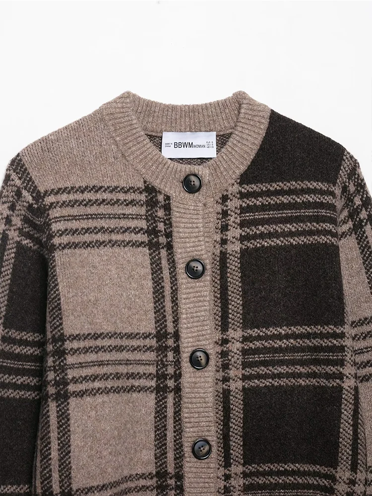 2025 Women Fashion Knitted Cardigans Long Sleeve Button Checkered Print O-Neck Sweater Cardigan Autumn Winter New Outerwear ﻿