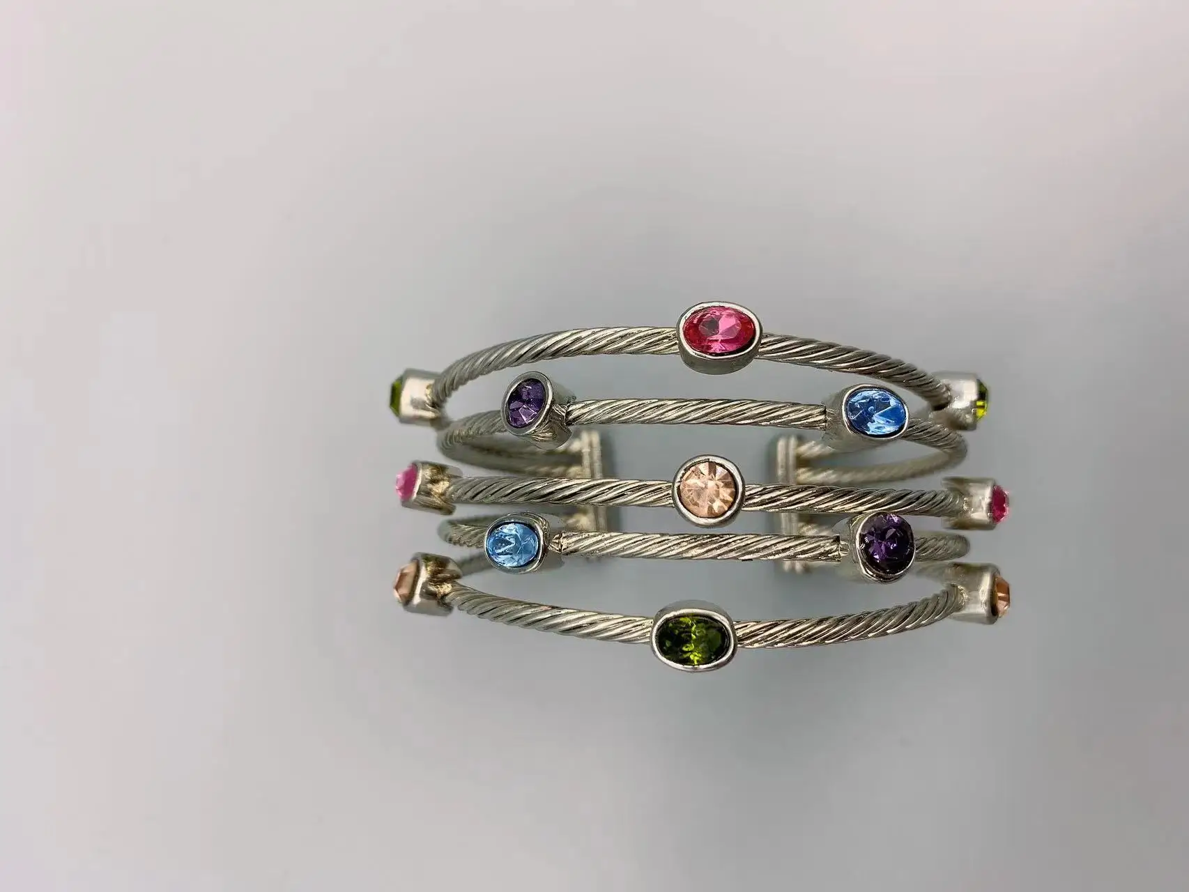 Le Han Jewelry Silver Crossover Five  Row Cuff Bracelet With Multi Colour Stone