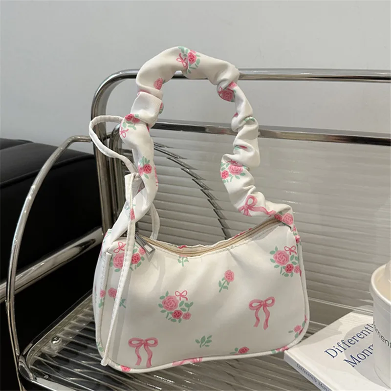 Fabric Handbag Shoulder Bag with Pleated Floral Underarm Bag Women Chic Drawstring Commuting Tote Bag, Party, Daily Work, Travel