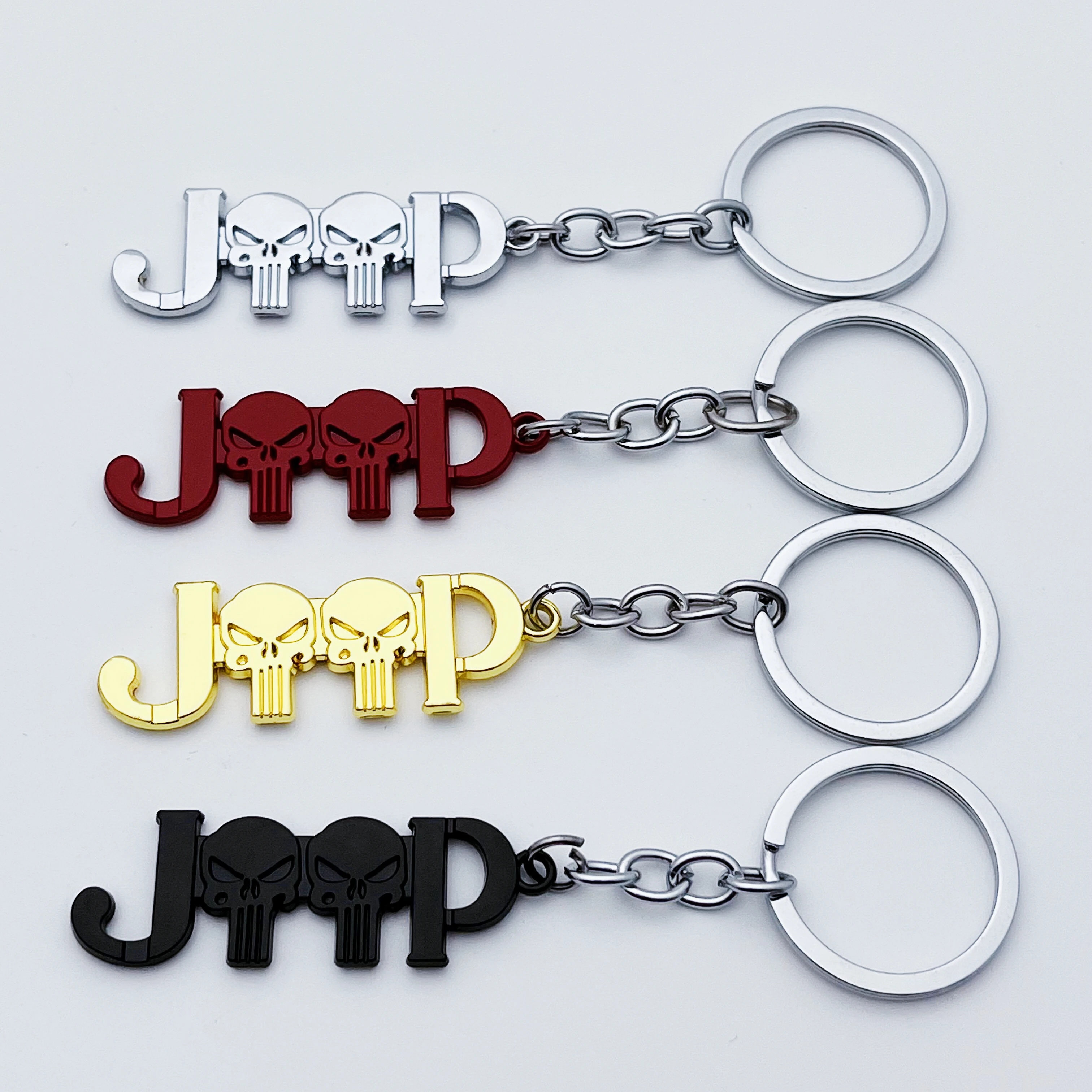 

1pcs 3D Metal Punisher Skull Joop Badge Logo Keychain Keyring Key Ring Chain For Gladiator Wagoneer Compass Chief Grand Cherokee