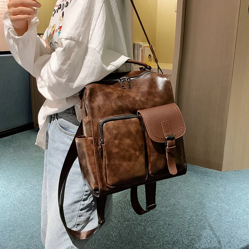 

WR 2022 New Trend Women Backpack Pu Leather Shoulder Bag Vintage Large Capacity Mochila Feminina Brown Travel Bag Brand Daypack