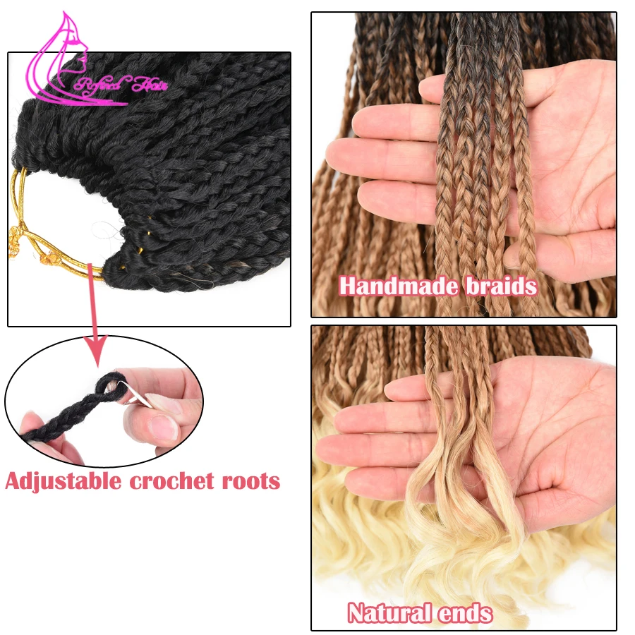 Crochet Curly Ends Goddess Box Braids Loose Wavy Ends Braid Hair Synthetic Braiding Hair Extensions Ombre Brown Honey Blonde Red