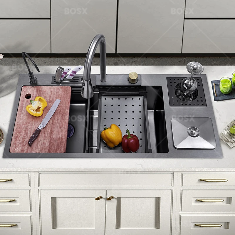 Kitchen Large Single Sink Waterfall Multifunctional Large Spout Pressurised Dishwashing and Vegetable Kitchen Sinks
