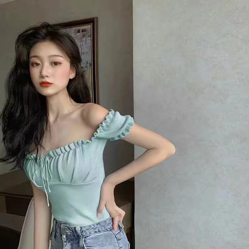 Image of Fashionable Elegant Lock Bone Sensation One-word Shoulder Top Women Summer Design Drawstring Outdoor Wrap Chest Clothes