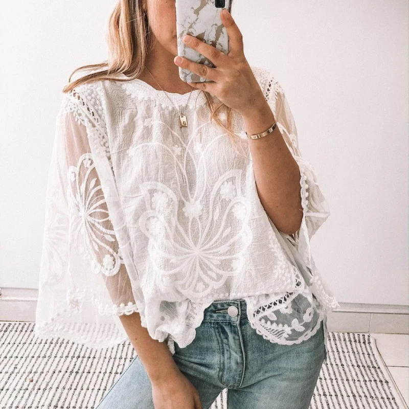 Women Lace Blouses Flower Embroidery Casual Tops