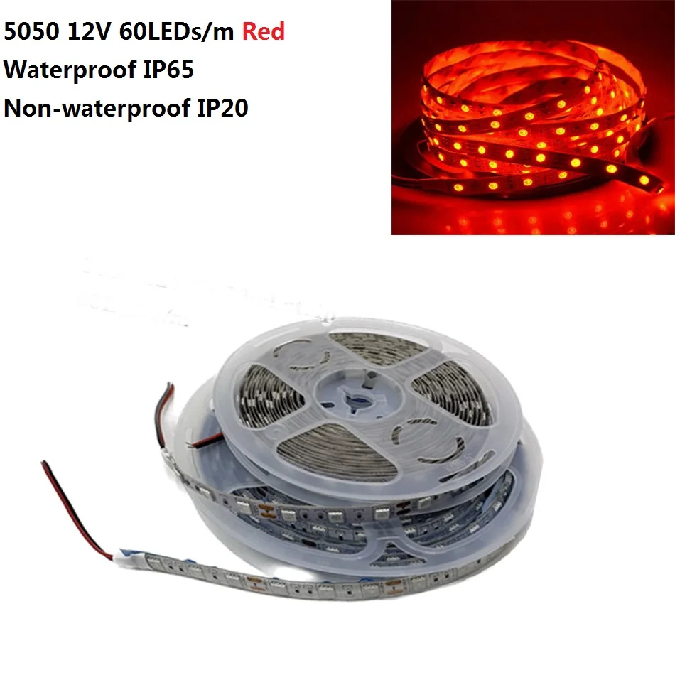 DC 12V SMD Chip 5050 Red 60LEDs/m Pcb 10mm 620nm strip light Waterproof and Non-waterproof flexible Tape rope stripe 1m-5m