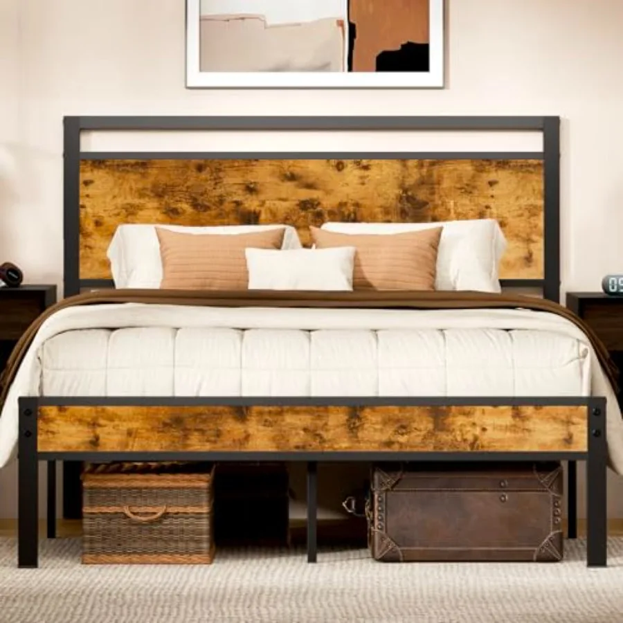 Queen Size Metal Platform Bed Frame with Headboard Footboard Modern Bedroom Furniture Black Easy Assembly Sturdy Support Anti-S