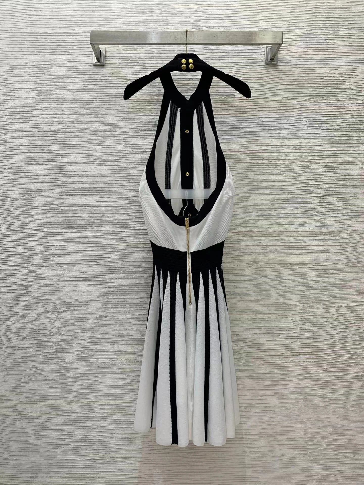 

High quality summer new contrasting color patchwork knitted elastic neck hanging dress