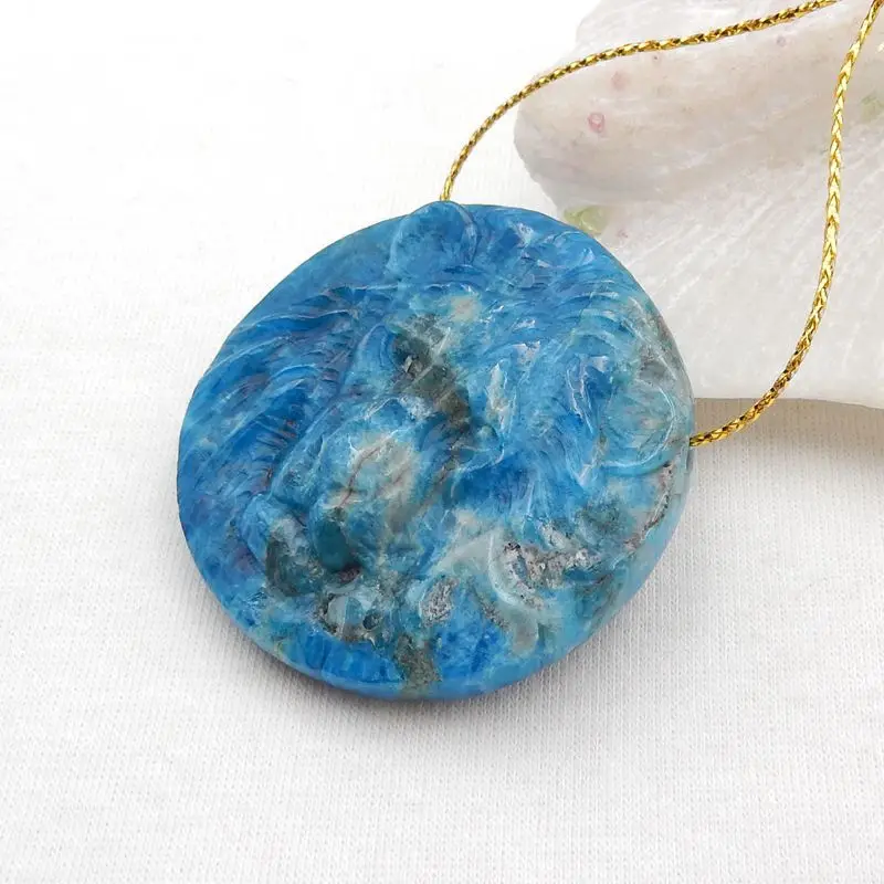 Natural Stone Blue Apatite Crystal Carved Lion Head Pendant Bead 46x9mm 40g Fashion Jewelry Necklace Accessories